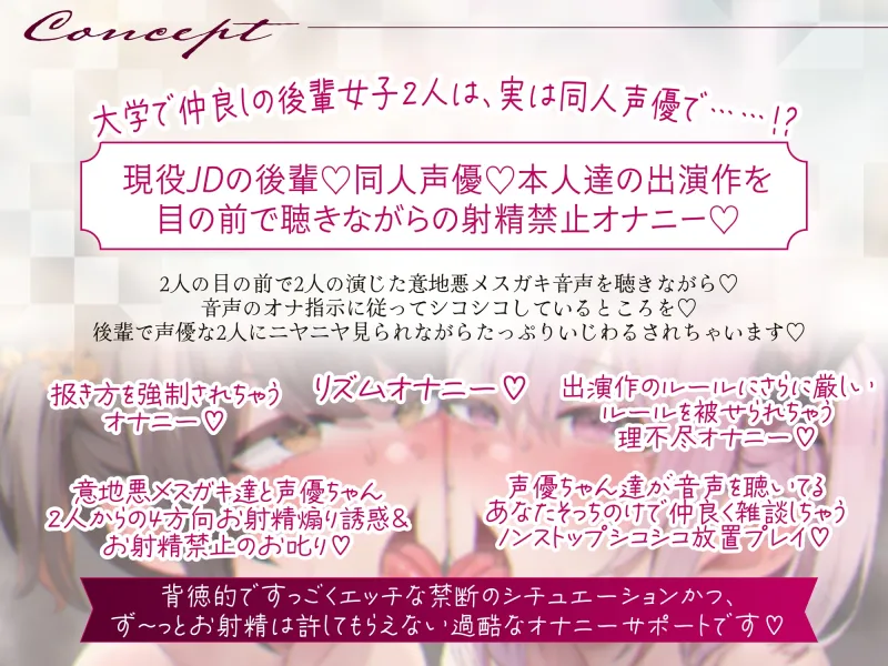 私達の声で、シコれマゾ♡～同人声優ちゃん2人の出演したオナサポ音声を聴きながらシコっているところを見られてバカにされちゃうニヤニヤいじわる射精禁止オナサポ～