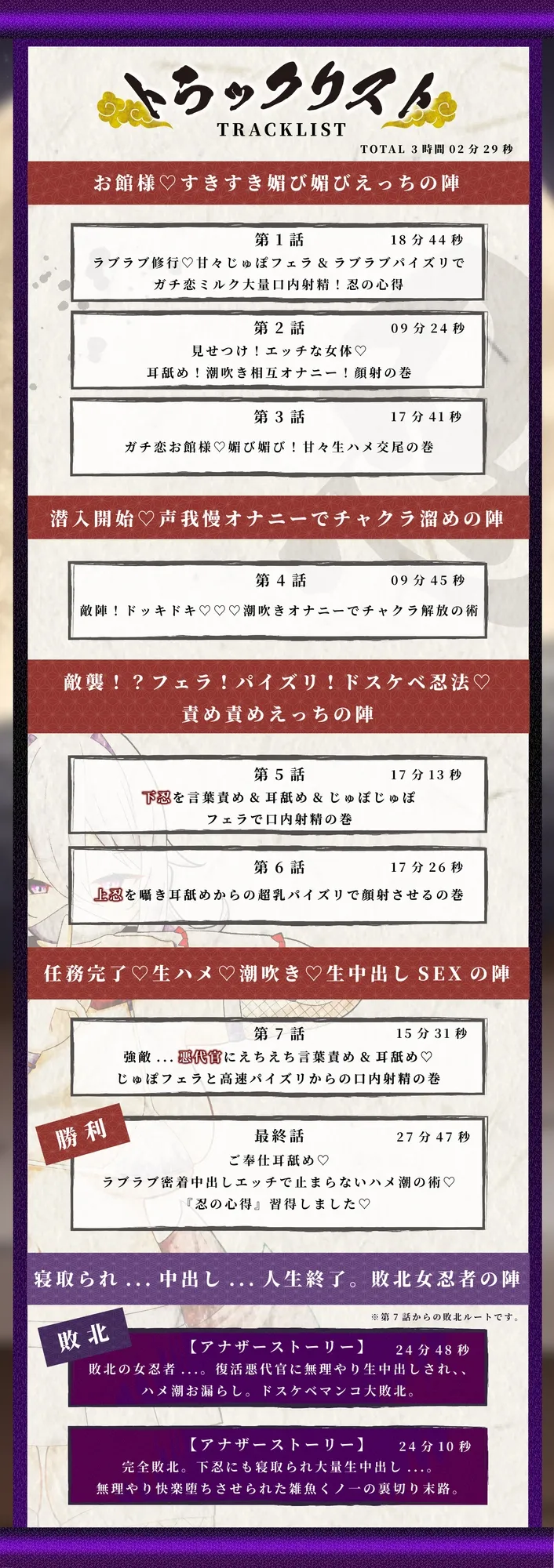 【KU100】【3時間OVER】【NTR×ハメ潮×孕ませ】～爆乳くノ一ガチ恋の巻～「くノ一 VS 下忍・上忍・悪代官」おちんぽ媚び媚びの術【CV分倍河原シホ】